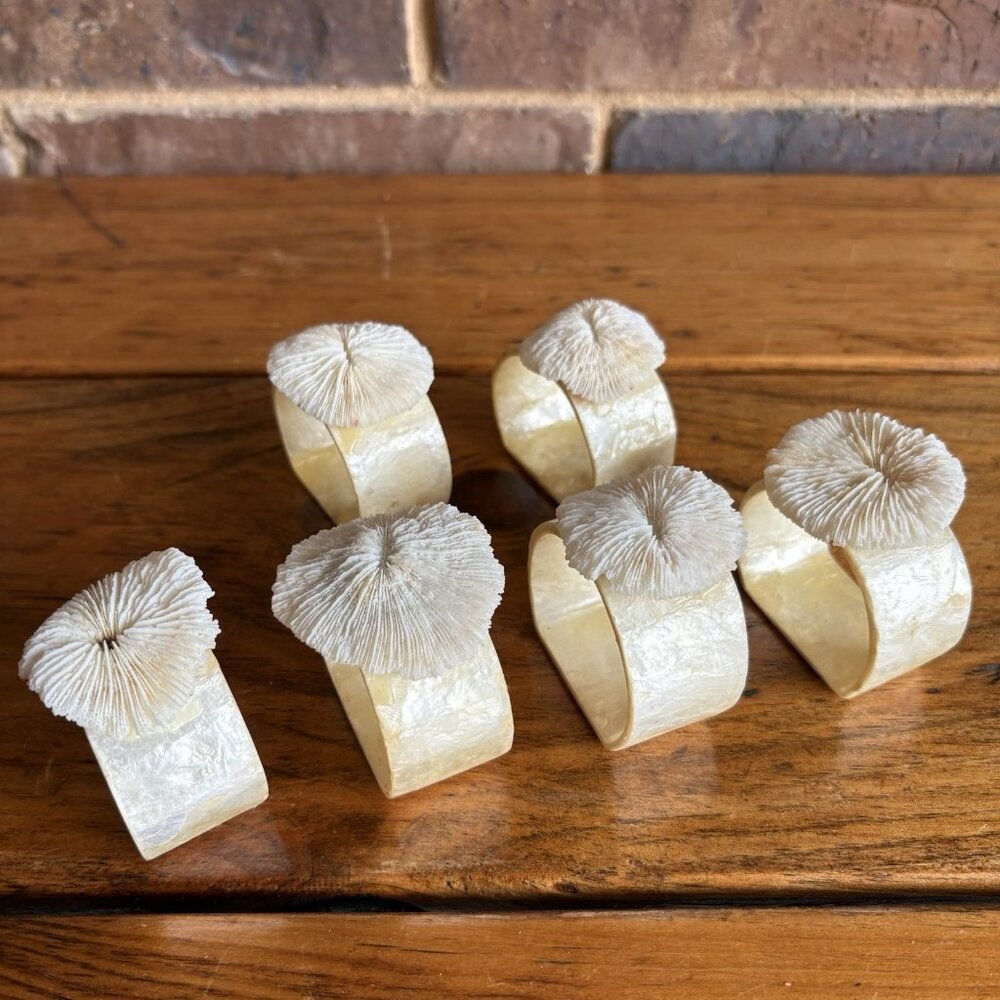 Set of 6 Vintage Napkin Rings with Mother of Pearl and Mushroom Coral